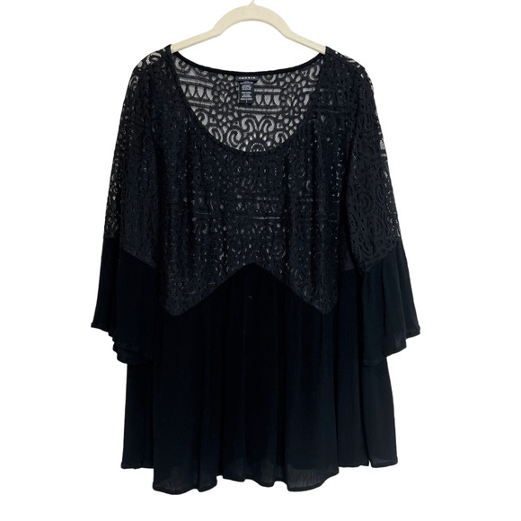 Torrid Womens Blouse Size 1X Black See-Through Lace Bodice Crinkle Fabric Boho - Picture 1 of 6